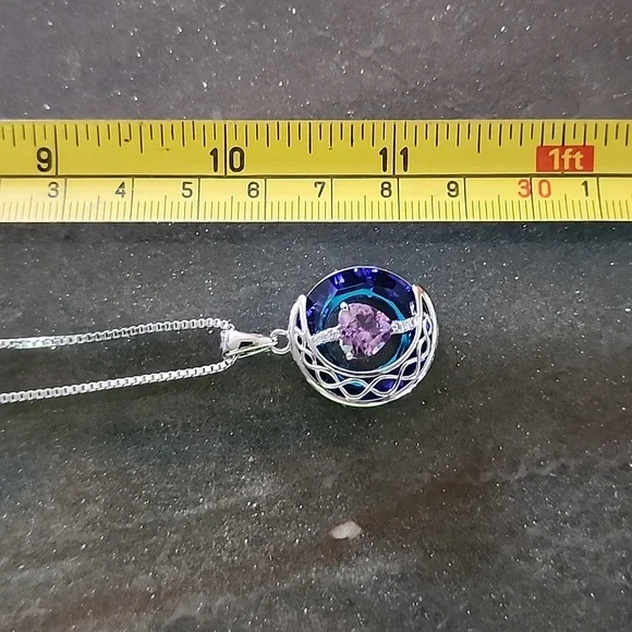 Sterling silver box chain necklace with amethyst heart and moon pendant jewelry - Picture 6 of 7
